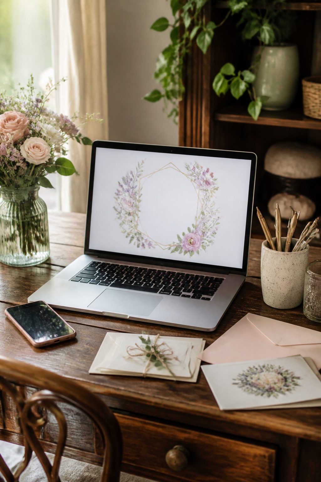 A laptop displaying a digital wedding invitation on a desk.
