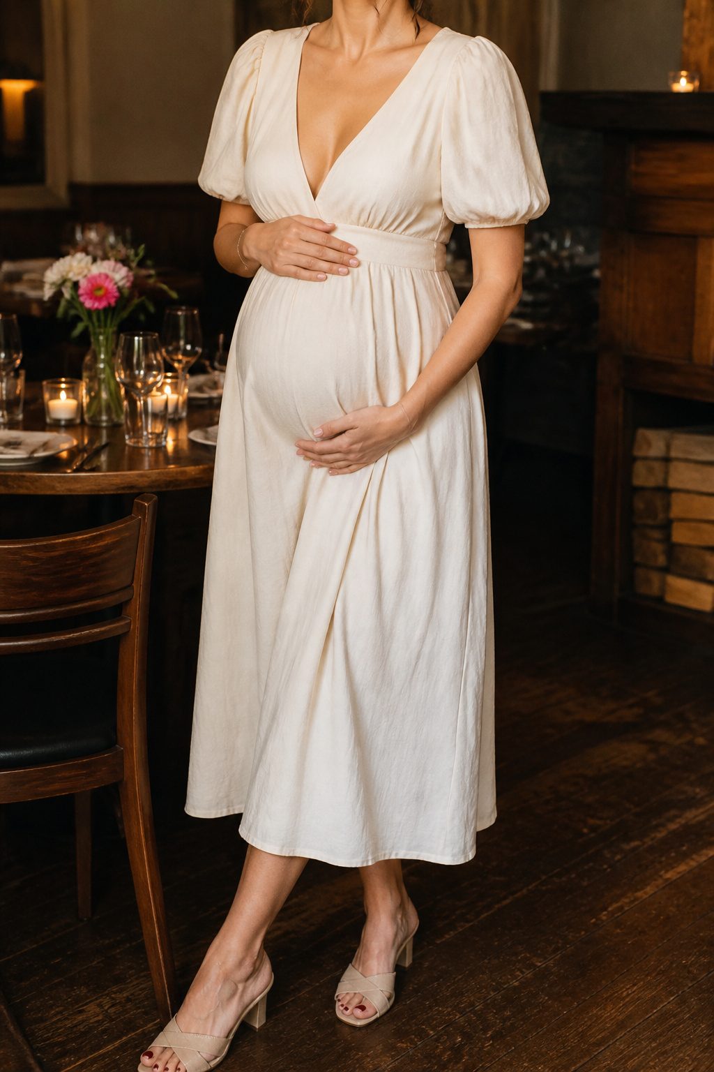 15 Bump Friendly Dresses for 2026: Styles That Grow With You 6 A model in a puff sleeve midi dress with a plunge neckline.