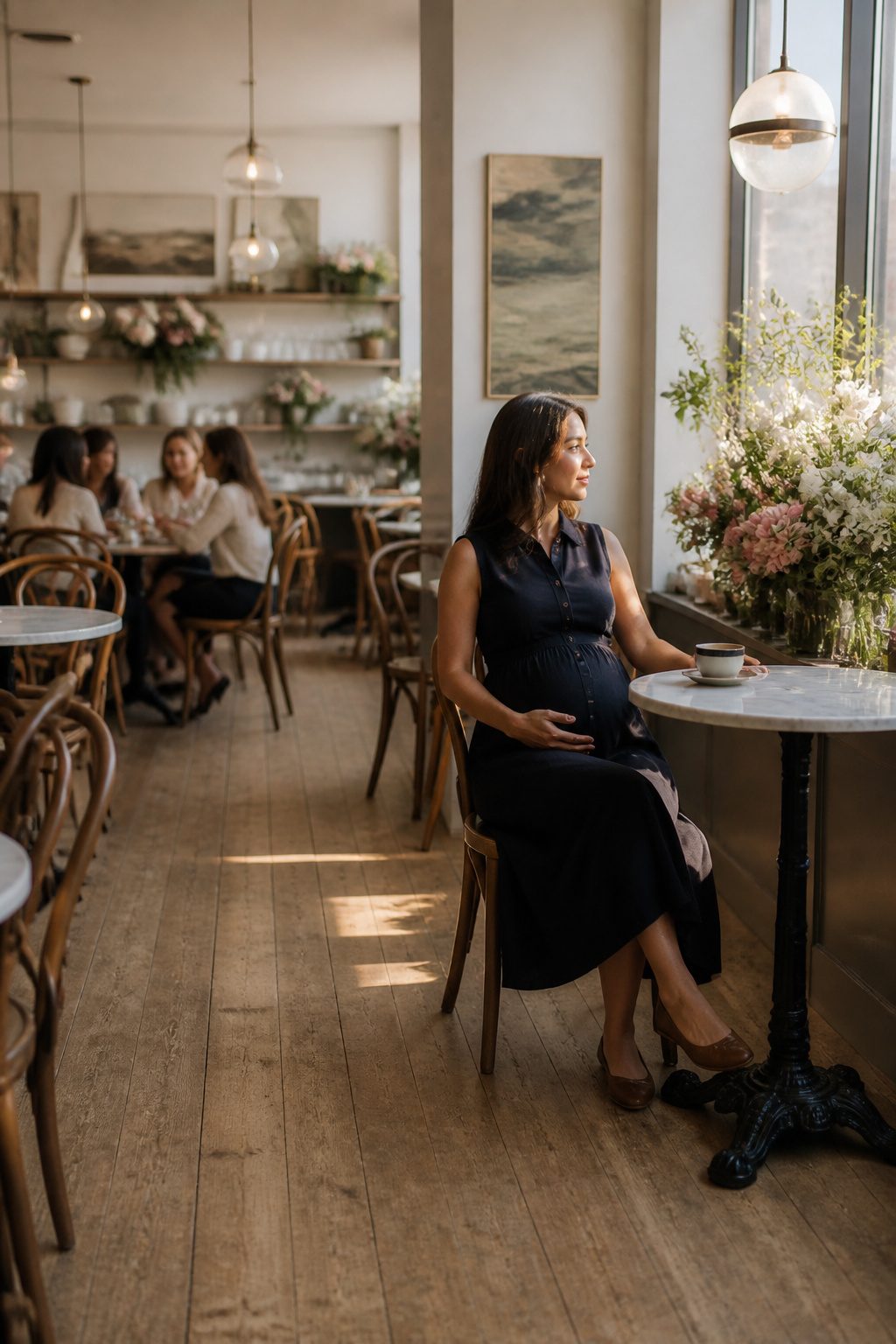 15 Bump Friendly Dresses for 2026: Styles That Grow With You 13 A model wearing a long midi dress in a formal setting.