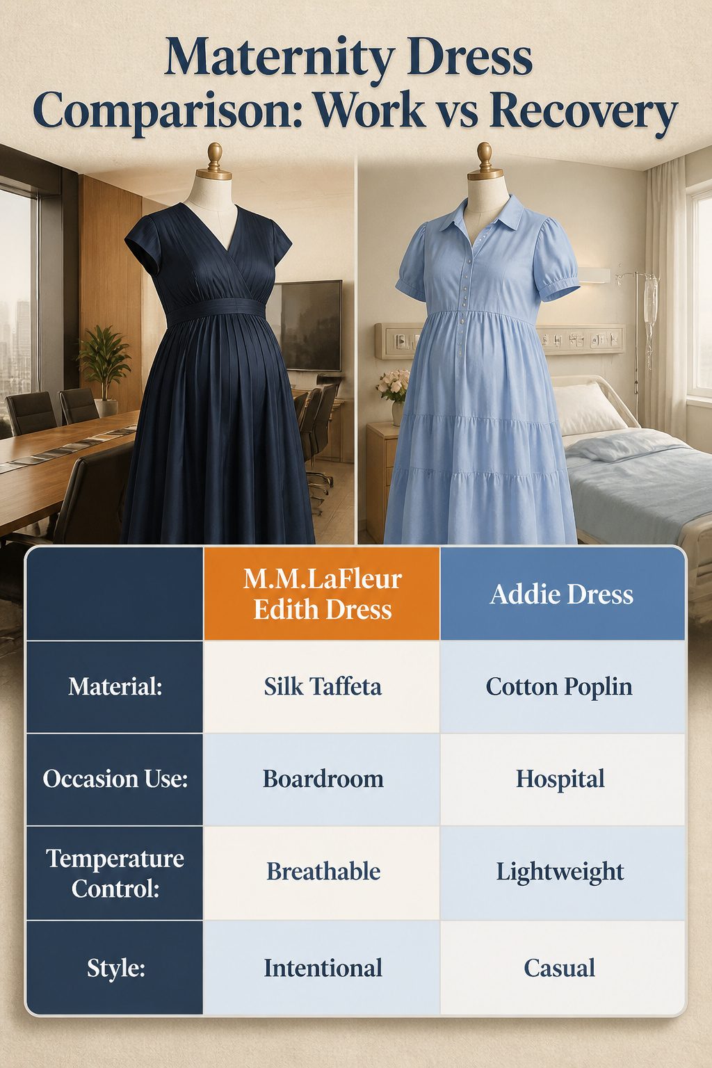 15 Bump Friendly Dresses for 2026: Styles That Grow With You 18 A comparison image of work and recovery maternity dresses.