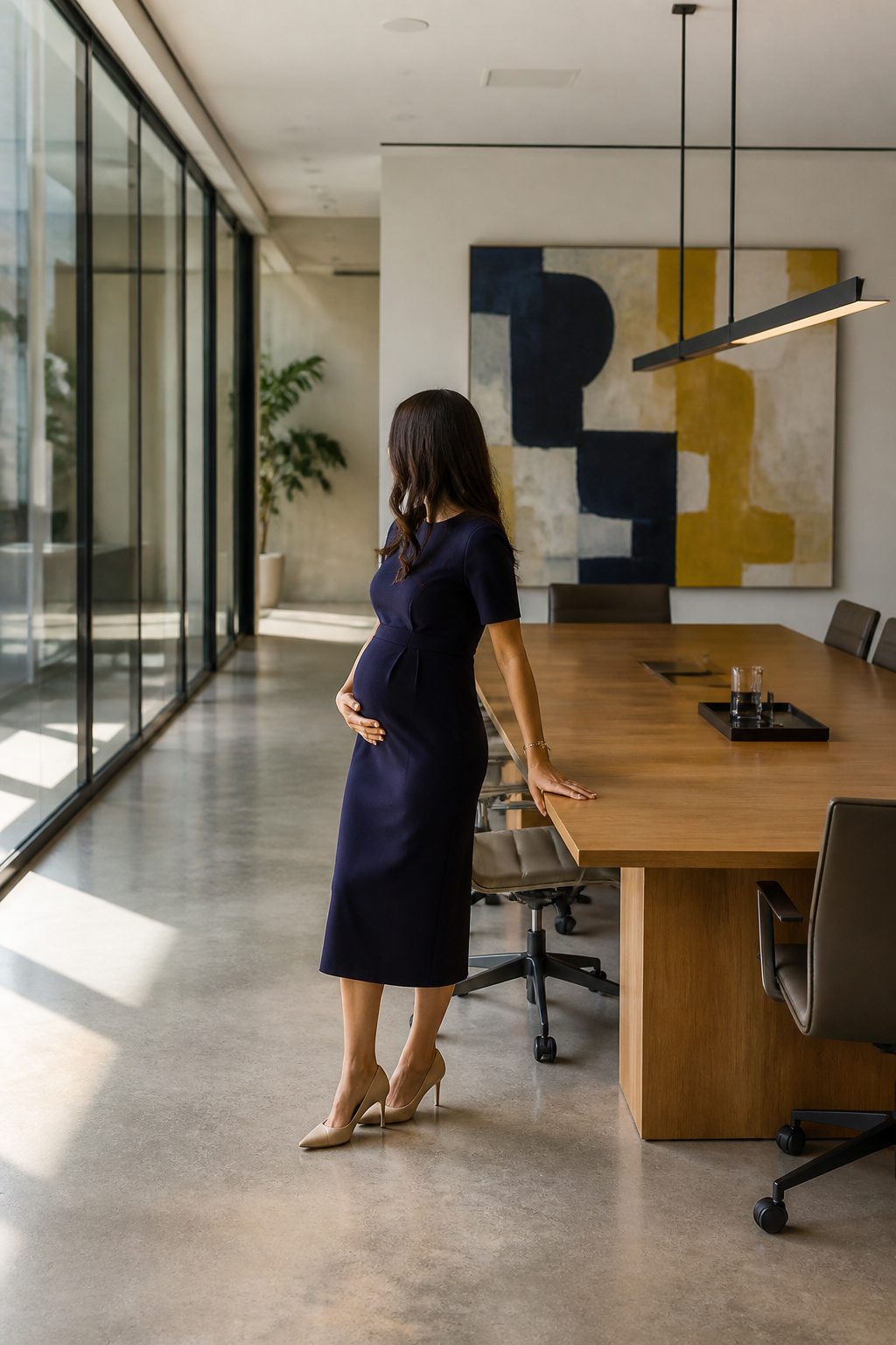 15 Bump Friendly Dresses for 2026: Styles That Grow With You 10 A model wearing a tailored dress in a professional office environment.