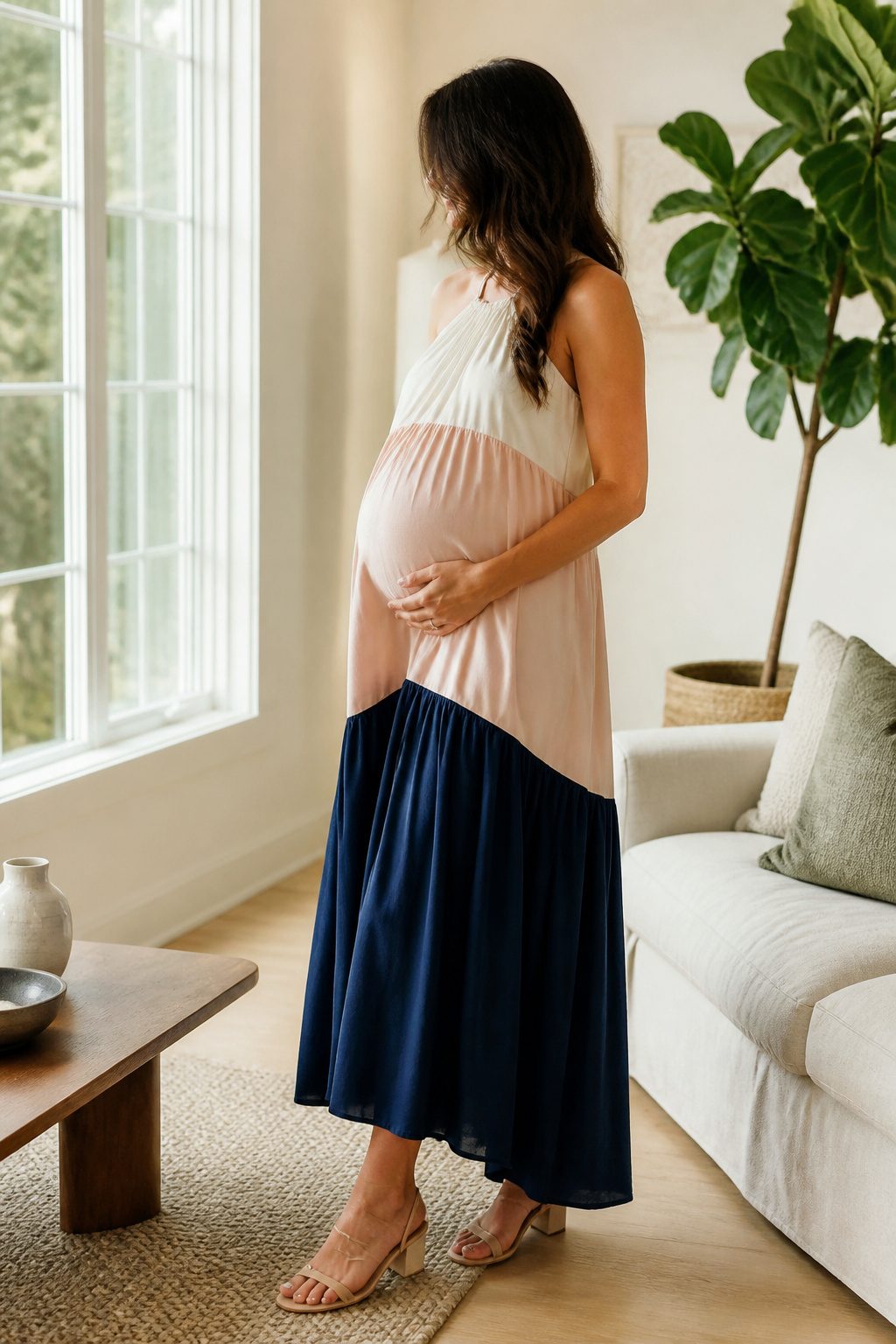 15 Bump Friendly Dresses for 2026: Styles That Grow With You 5 A model wearing a color-blocked midi dress in a bright living room.