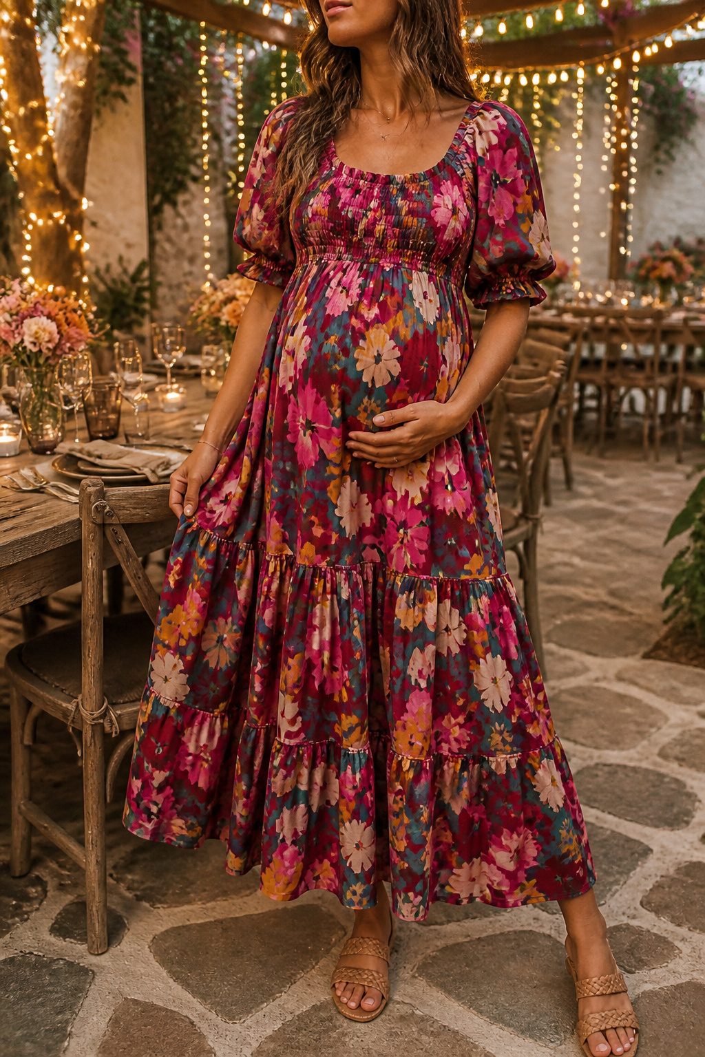 15 Bump Friendly Dresses for 2026: Styles That Grow With You 4 A model in a floral midi dress with puff sleeves outdoors.