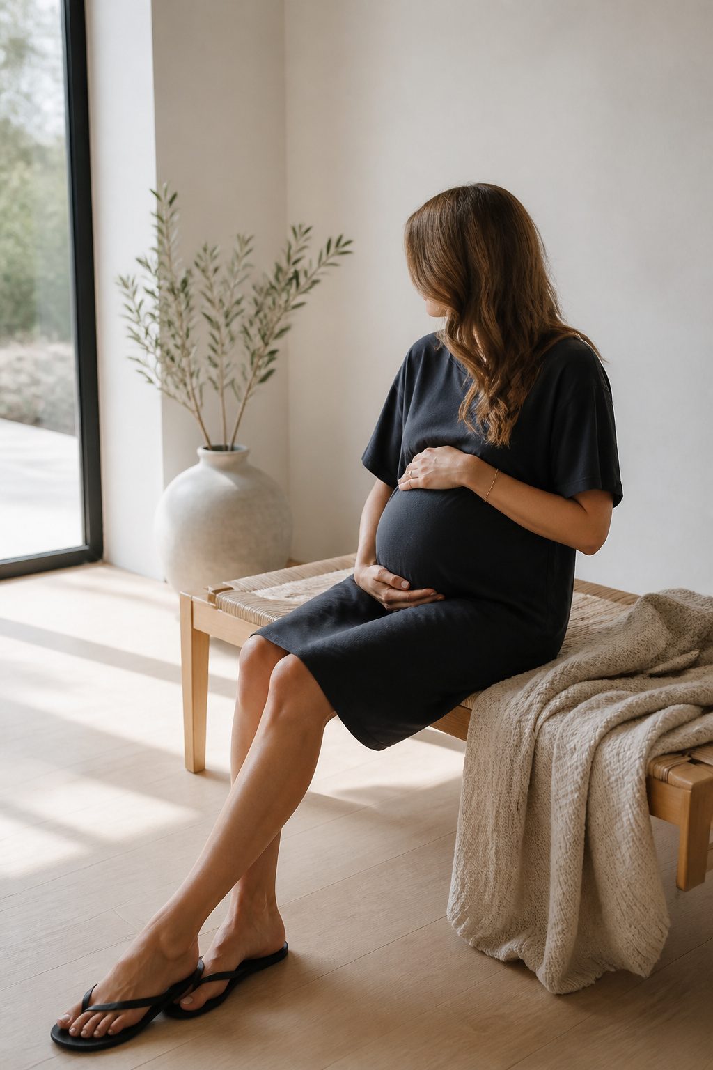 15 Bump Friendly Dresses for 2026: Styles That Grow With You 15 A model wearing a minimalist T-shirt dress in a serene space.