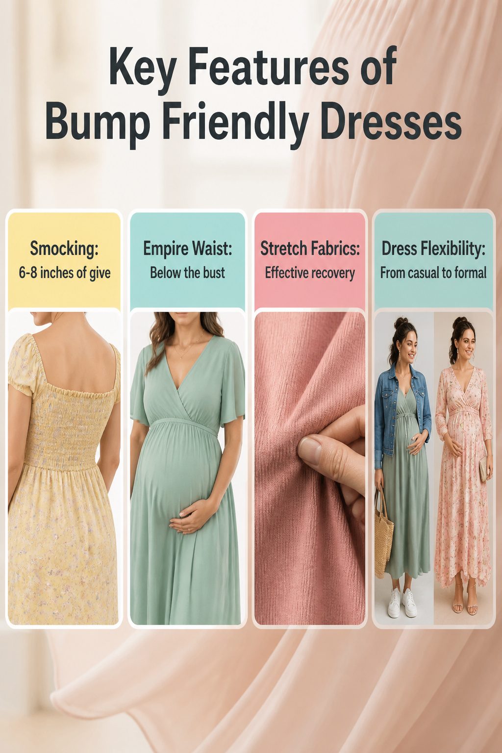 15 Bump Friendly Dresses for 2026: Styles That Grow With You 16 An infographic detailing the features of bump-friendly dresses.