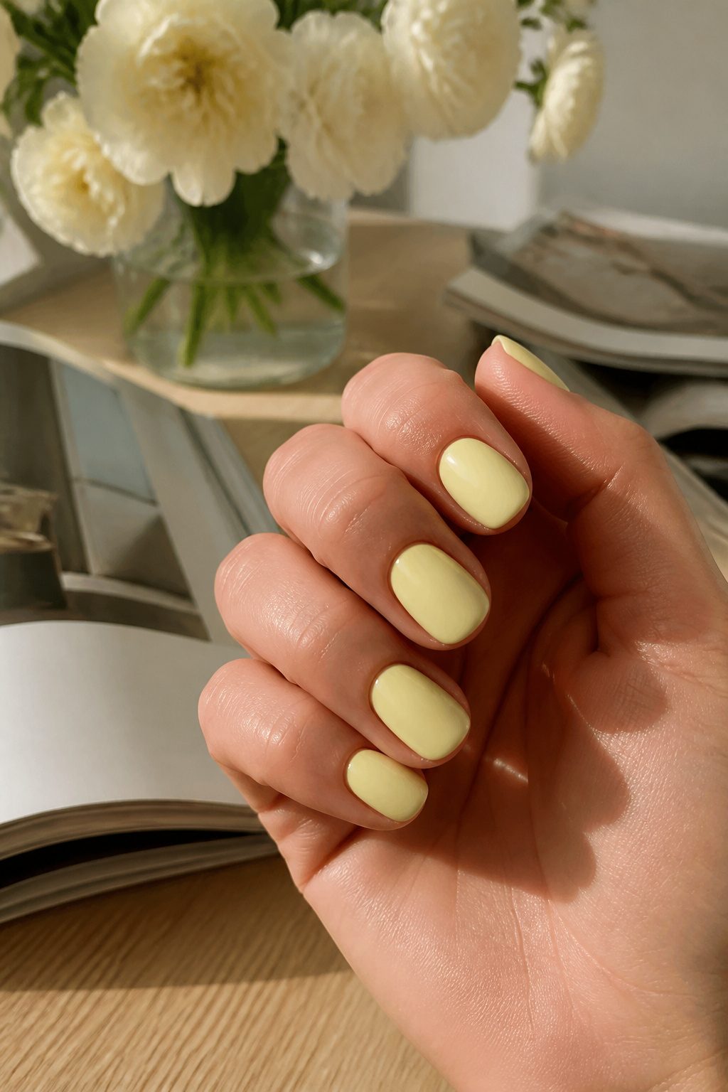 A bottle of Chanel Le Vernis in Ovni, a butter yellow nail polish.