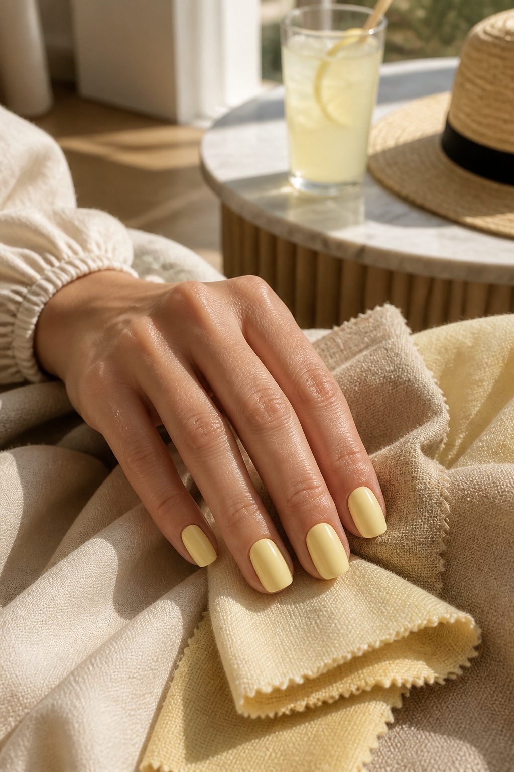 A bottle of Essie Gel Couture in Atelier at The Bay, a soft yellow polish.