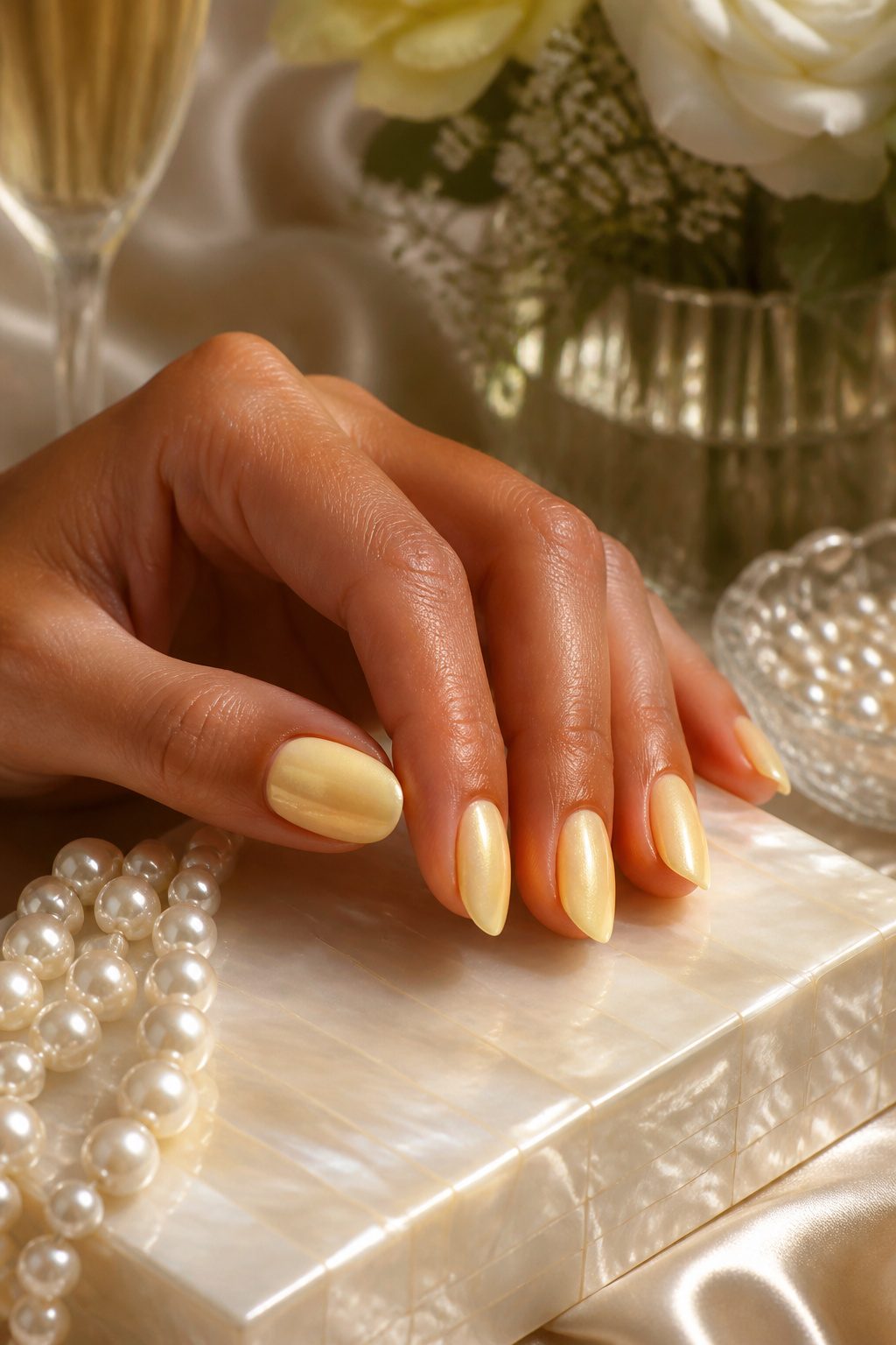 A bottle of Gelcare Nail Polish in Akoya Pearl, a shimmery yellow polish.
