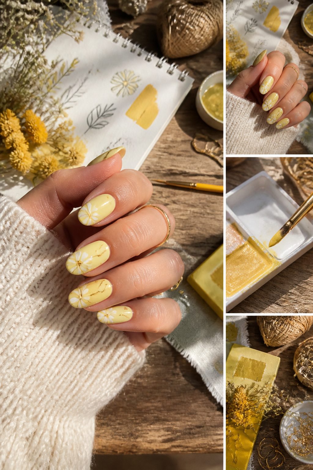 Nail art styles including florals and gold lines on butter yellow nails.