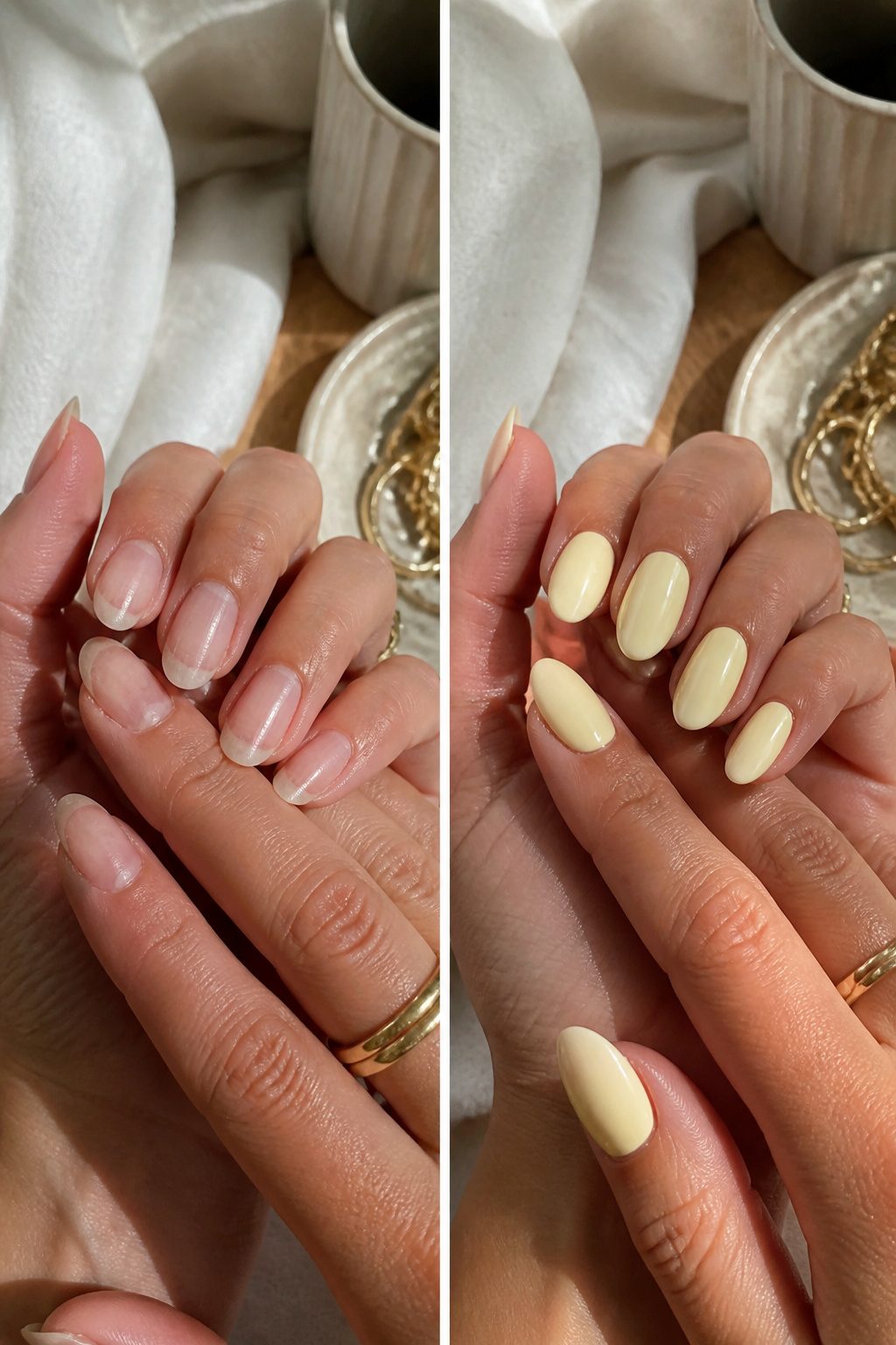 A display of butter yellow nails showing a creamy, opaque finish.