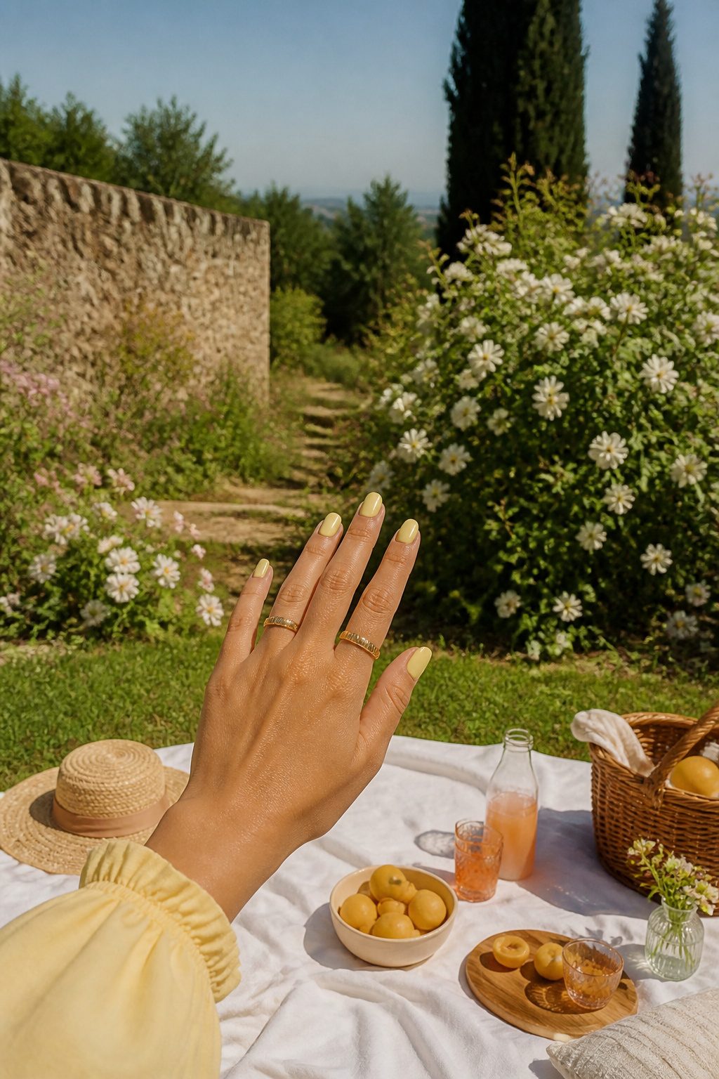 A graphic showcasing butter yellow nails in a seasonal context.