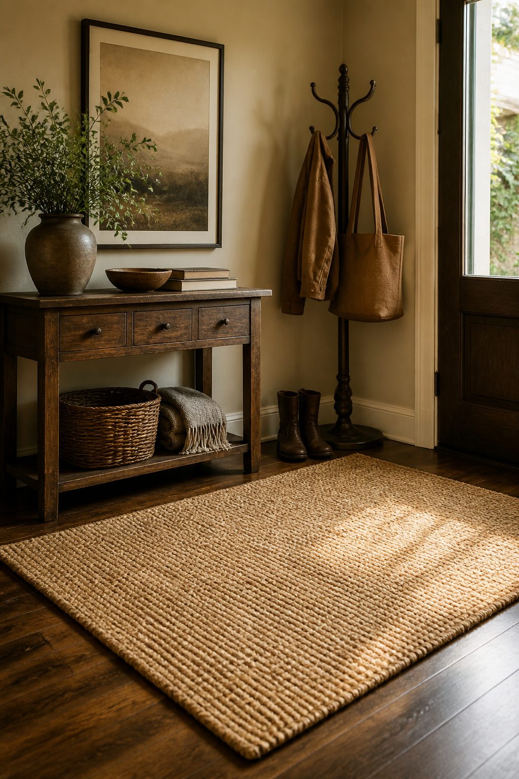 A jute rug placed in an elegantly styled entryway.