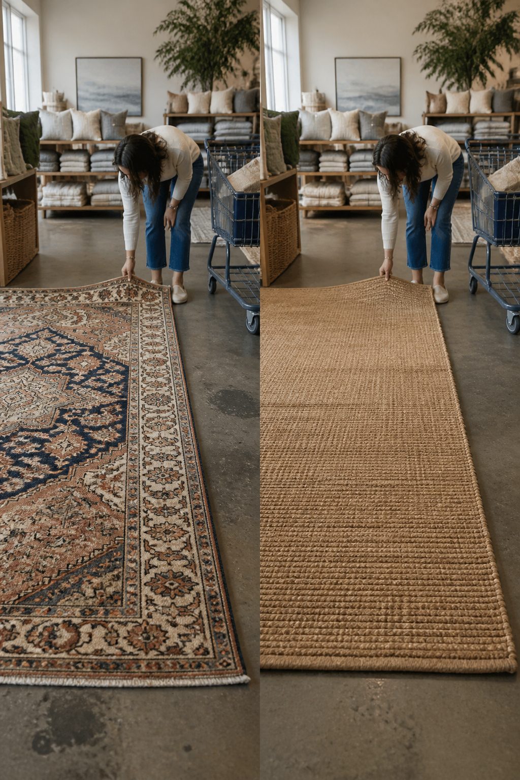 A close-up of a rug's backing and edge finishing.