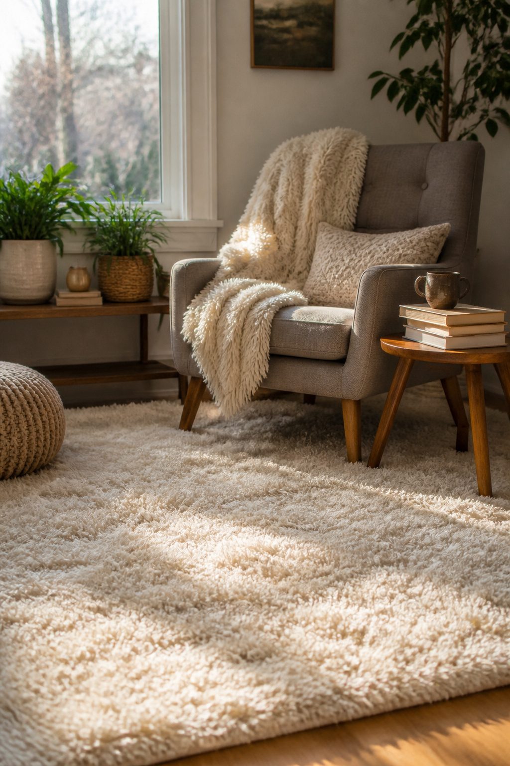 A plush shag rug under a low armchair in a reading nook.