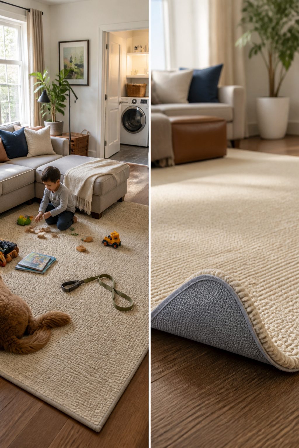 A machine-washable rug placed in a busy household environment.