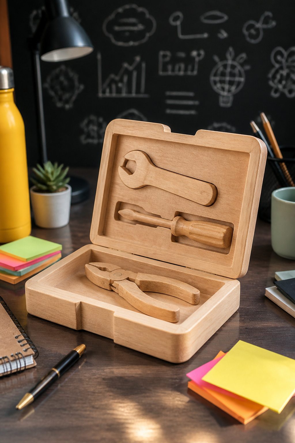 8 Thoughtful Coworker Christmas Gift Ideas for 2026 6 Wooden maintenance tool kit with humorous design on a desk.