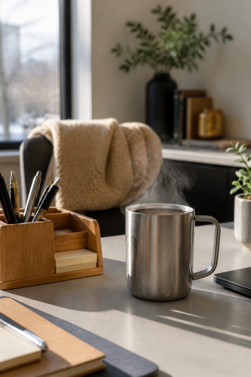8 Thoughtful Coworker Christmas Gift Ideas for 2026 1 Corkcicle double-wall mug with initials on an office desk.