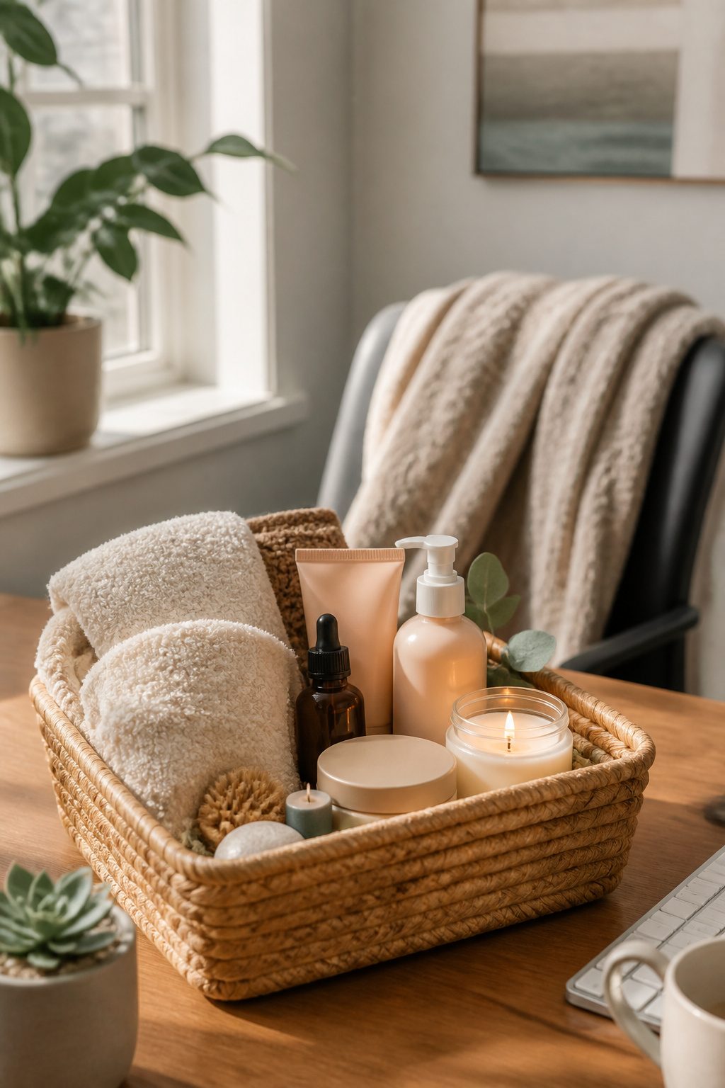8 Thoughtful Coworker Christmas Gift Ideas for 2026 5 Basket containing self-care items such as candles and hand lotion.