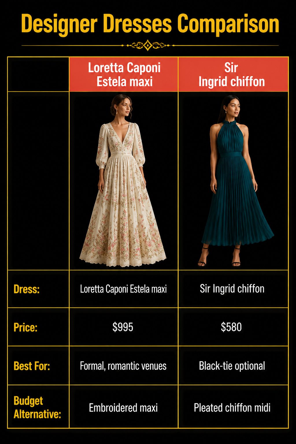 Comparison chart of designer dresses for fall weddings.