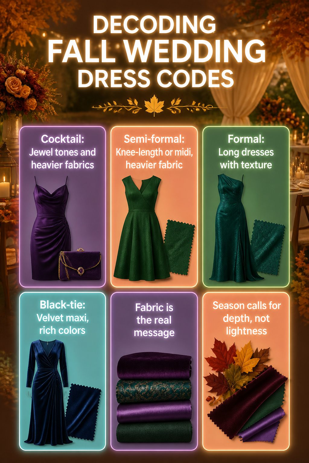 Graphic titled 'Decoding Fall Wedding Dress Codes.'