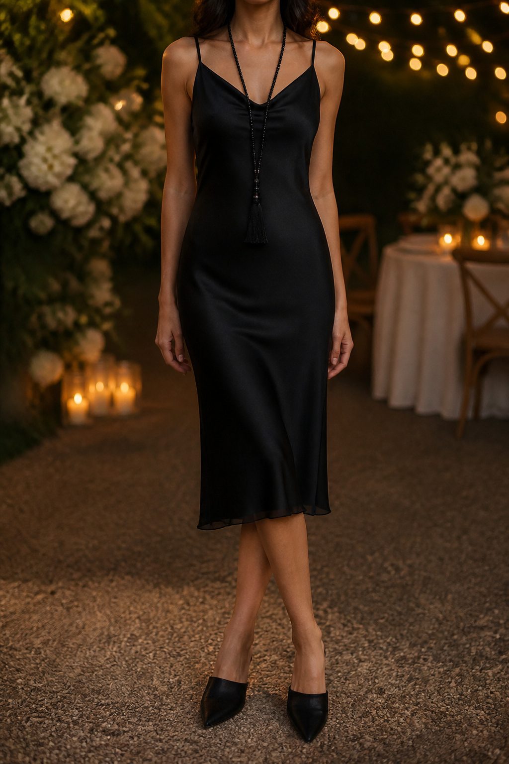 Black midi-length slip dress in silk-chiffon.