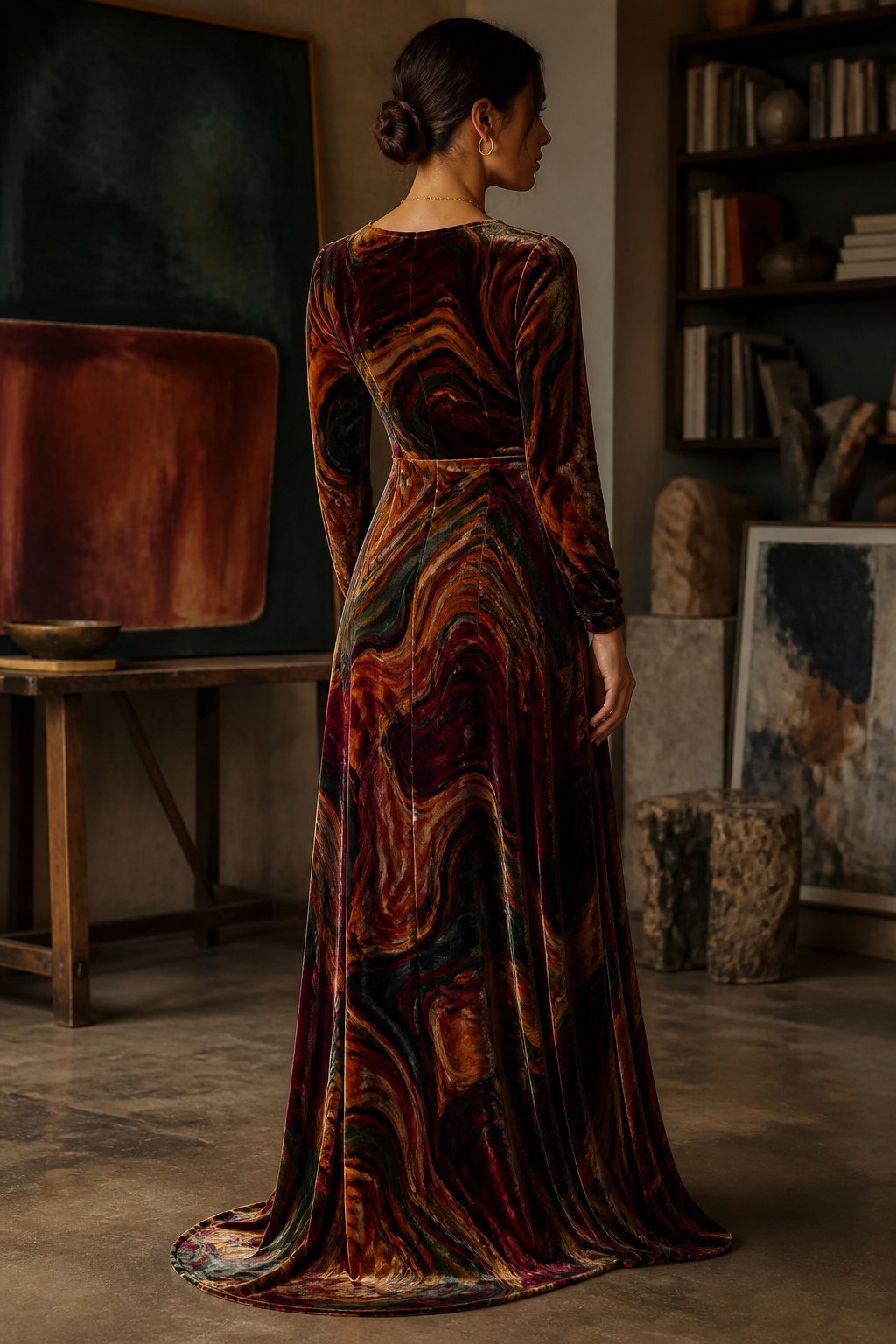 Maxi dress in velvet with a marble-clay psychedelic print.