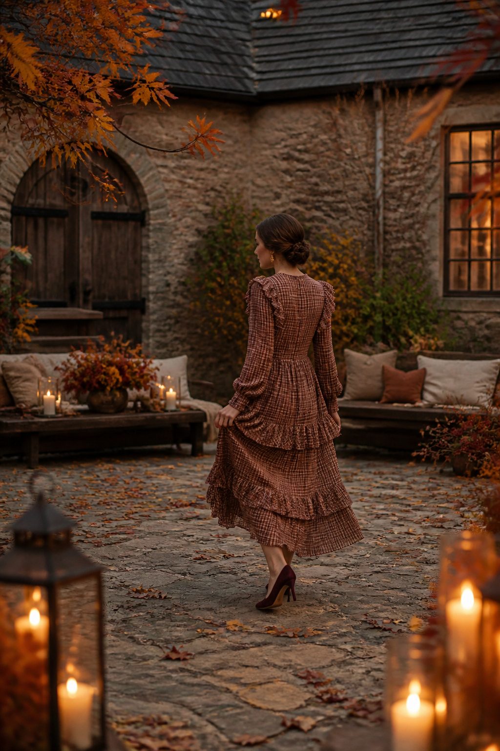 Plaid dress with ruffles in amber and rust tones.