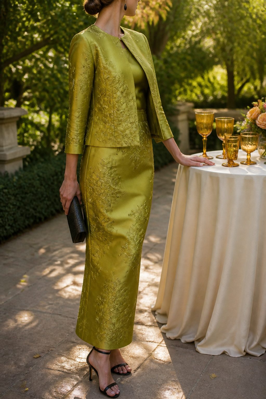 Two-piece set in chartreuse satin with a jacket and column skirt.