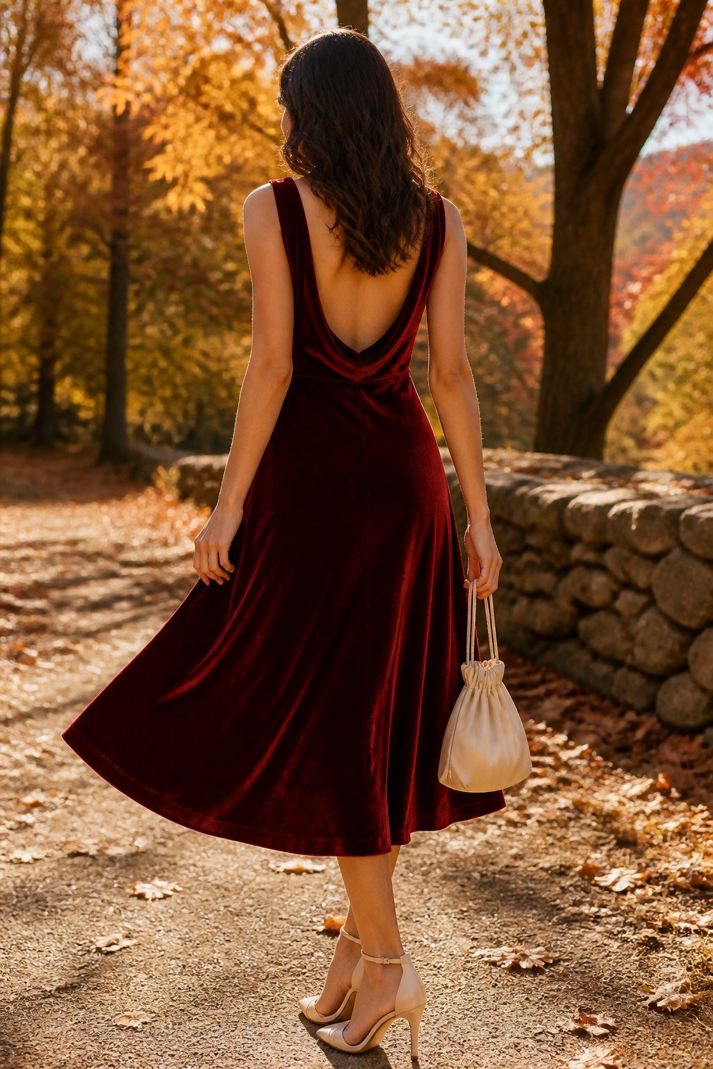 Sleeveless velvet midi dress in red with an open back.