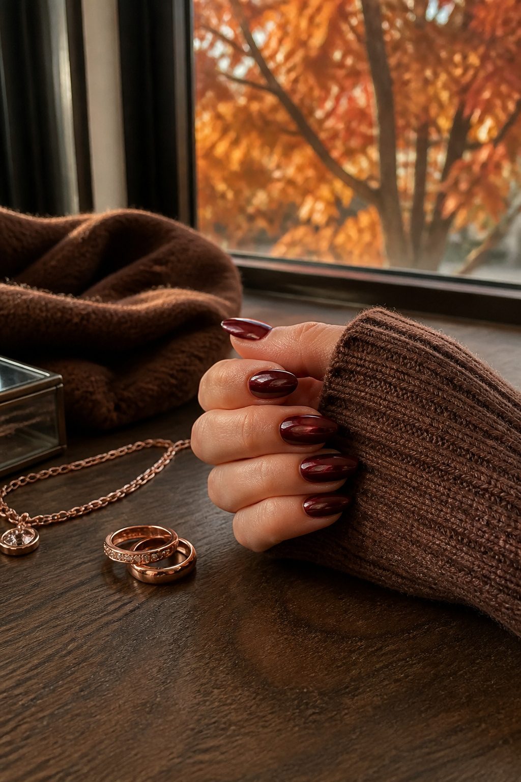 15 Fall Chrome Nail Ideas: Colors & Styles for 2026 2 Burgundy chrome nails displayed on a dark wooden table with a sweater.
