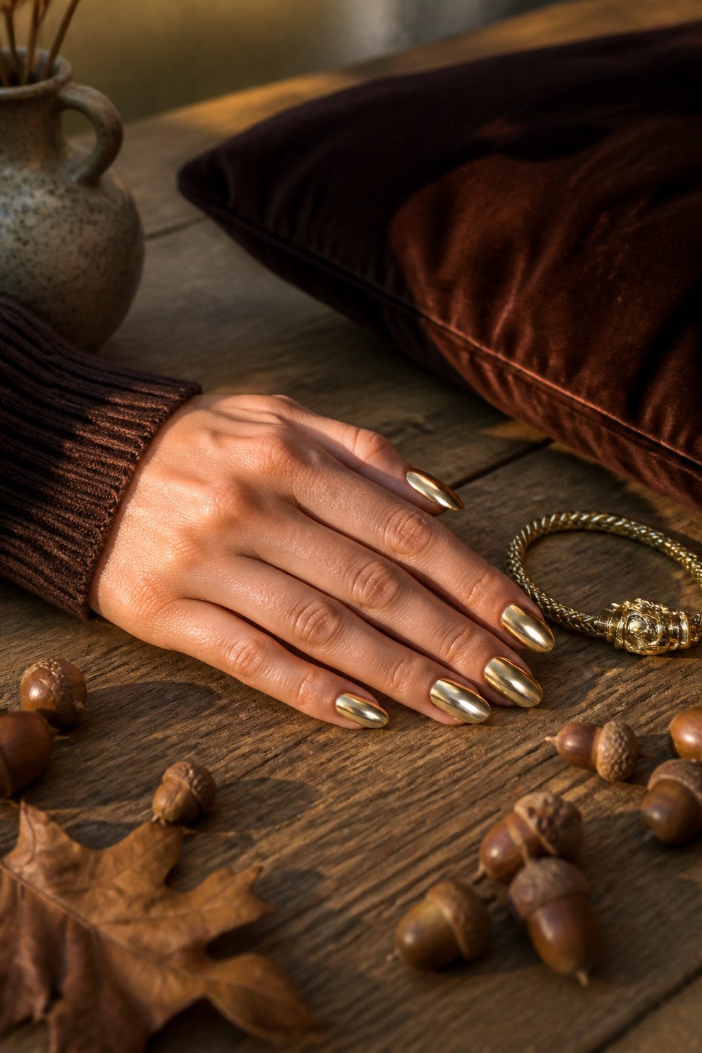 15 Fall Chrome Nail Ideas: Colors & Styles for 2026 7 Gold chrome nails on a rustic oak table with acorns.