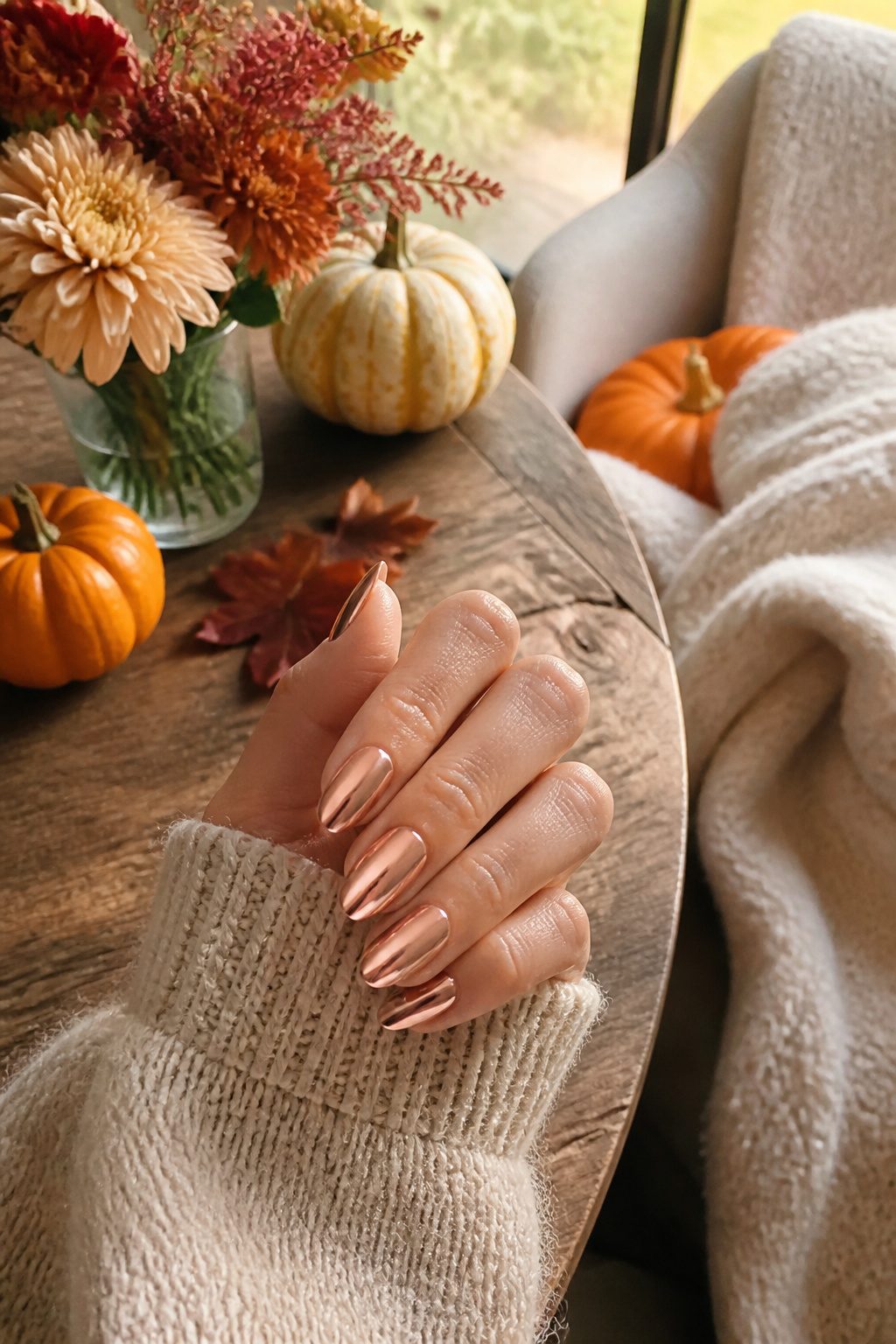 15 Fall Chrome Nail Ideas: Colors & Styles for 2026 8 Rose gold chrome nails on a wooden table with pumpkins and flowers.