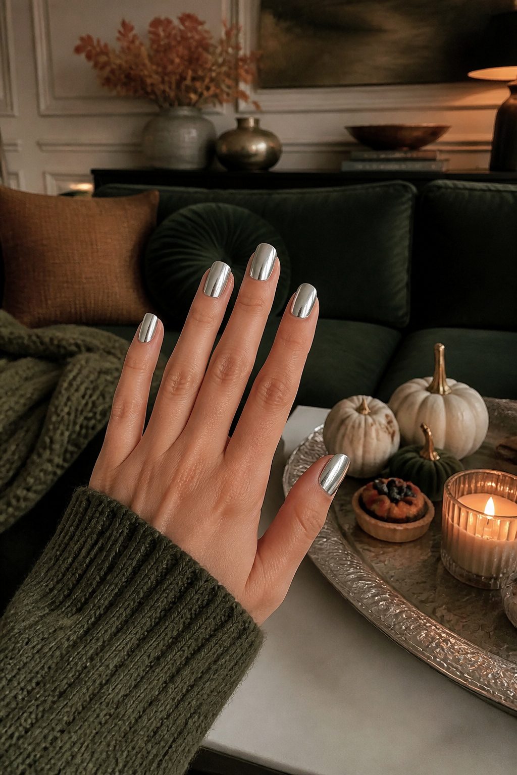 15 Fall Chrome Nail Ideas: Colors & Styles for 2026 12 Silver chrome nails on a table near a green couch and pastries.
