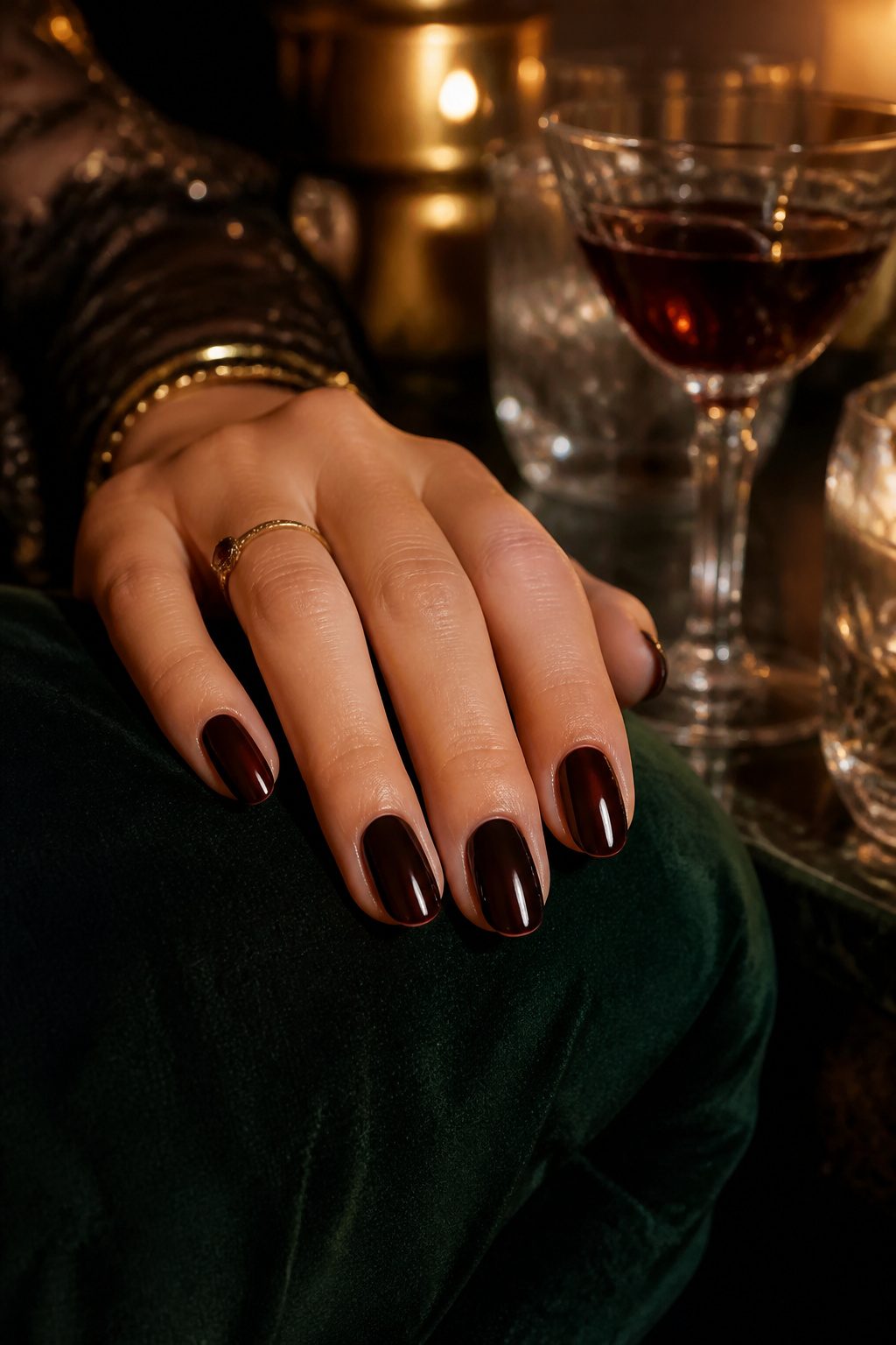 Black cherry nails displayed under soft lighting.