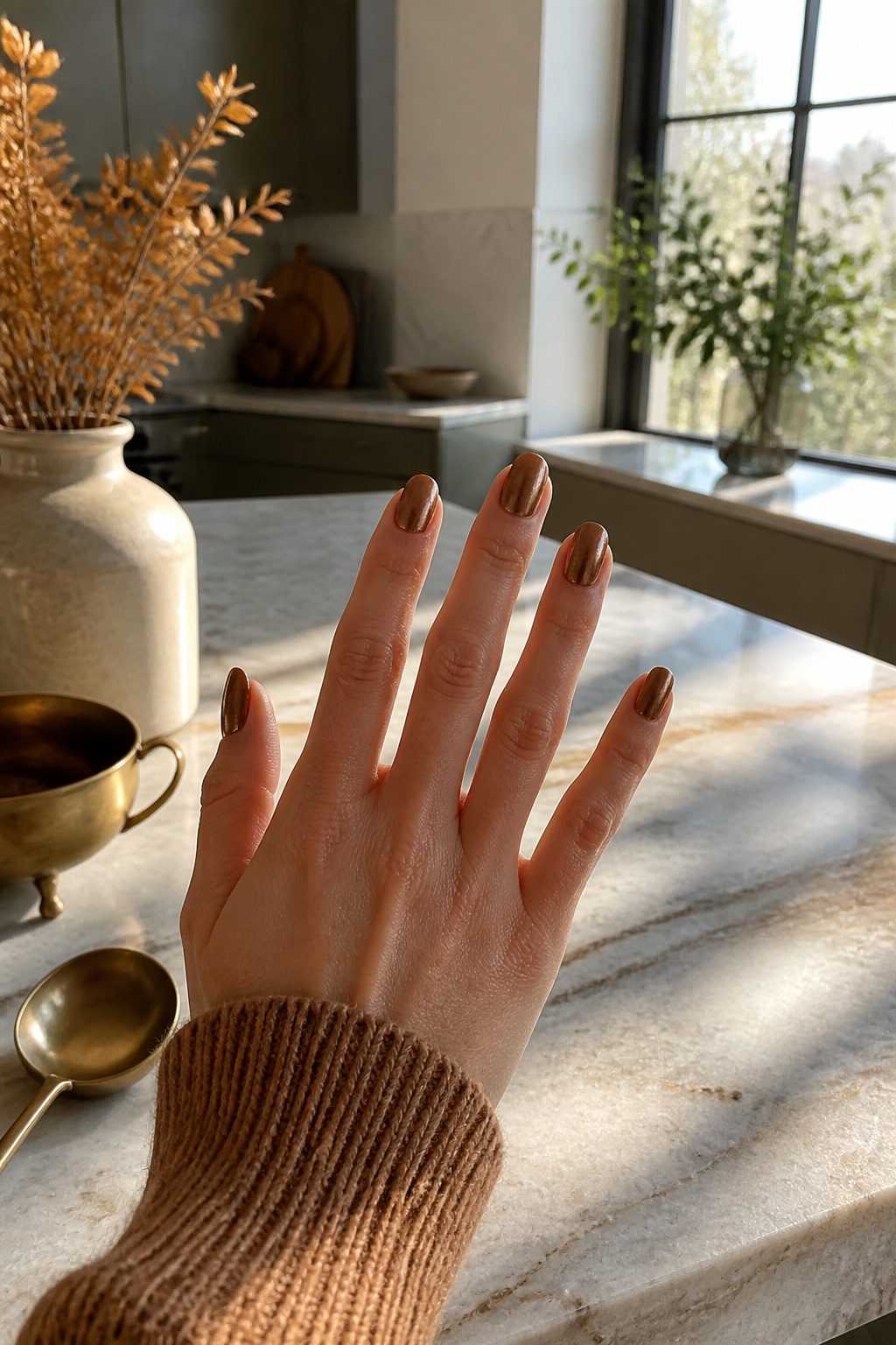 Bronze metallic nails on a stylish kitchen countertop.