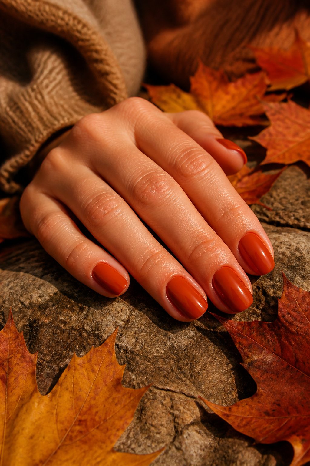 Burnt orange crème nails shown in a cozy setting.