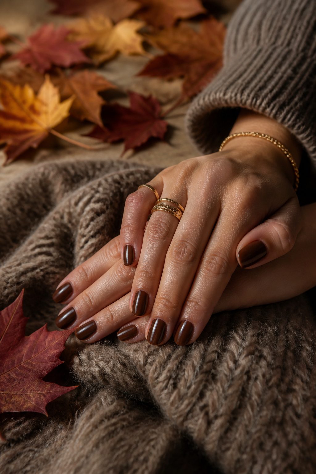 Chocolate brown nails displayed against a neutral background.