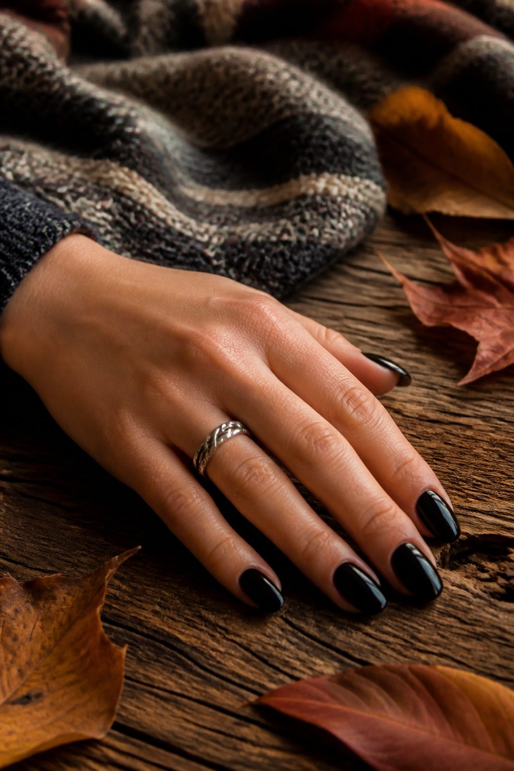 Cream black nails displayed on a stylish surface.