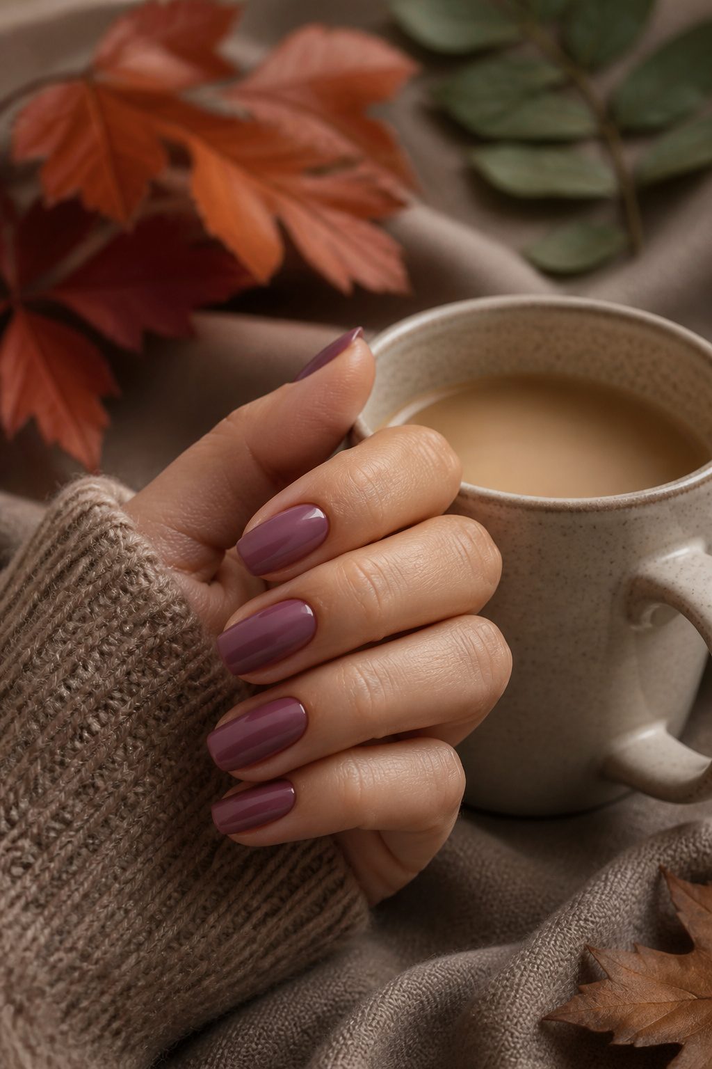 Dusty mauve nails displayed on a neutral background.
