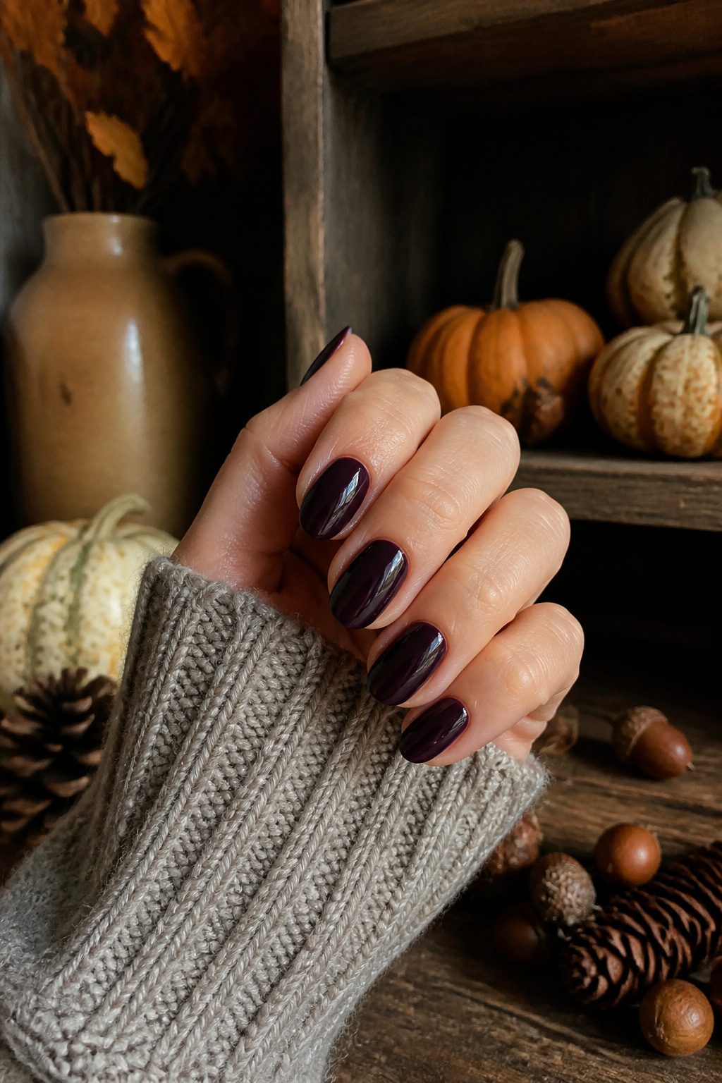 Eggplant nails displayed in a soft light.