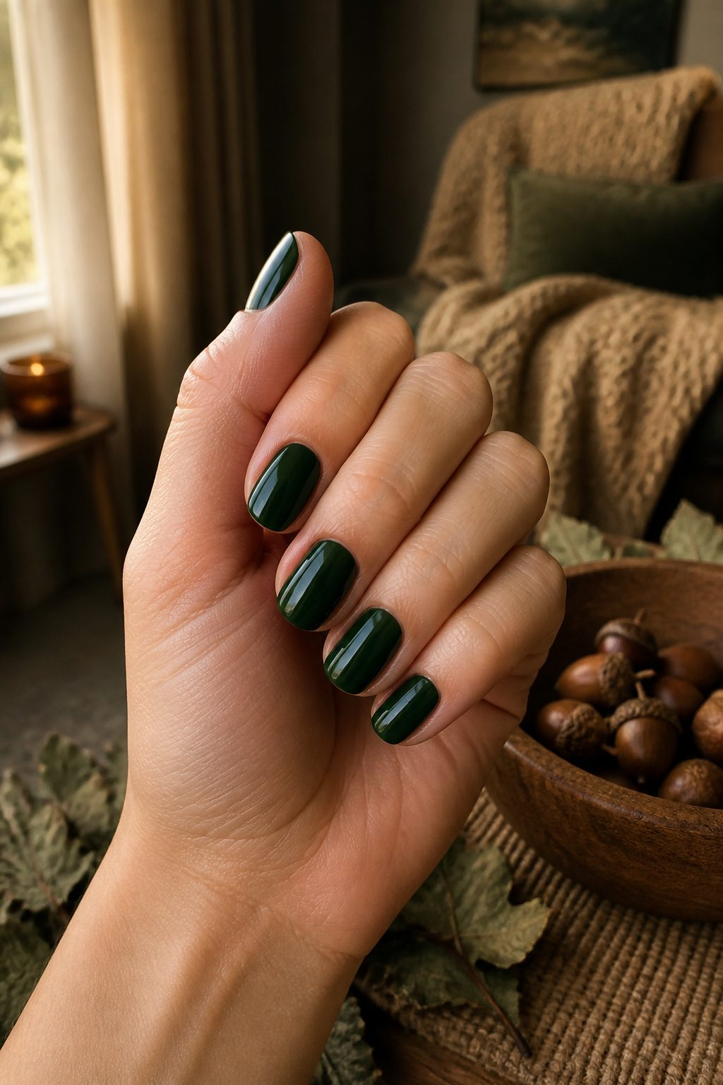 Forest green nails displayed in a stylish setting.
