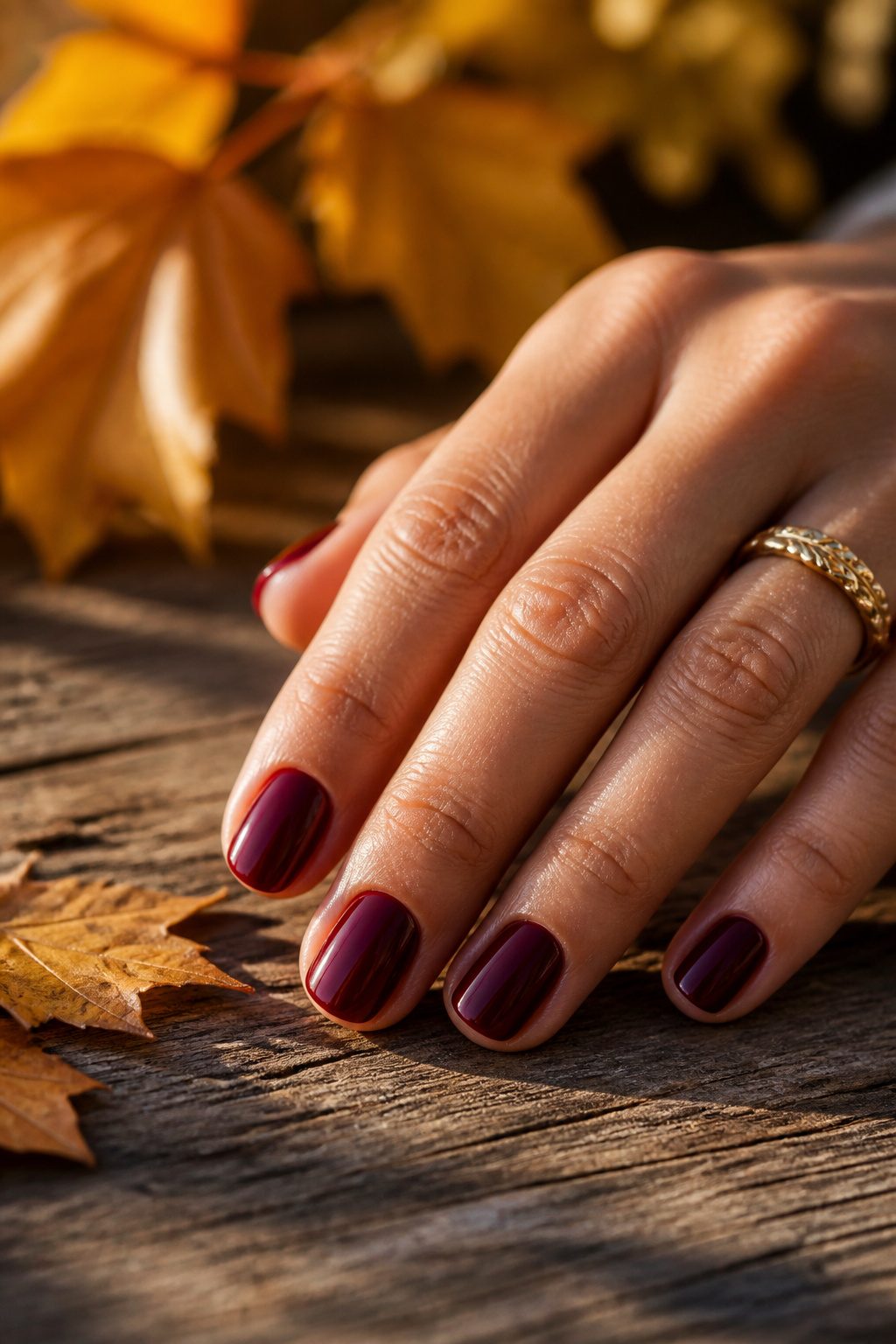 Glossy burgundy nails reflecting light with a rich color.