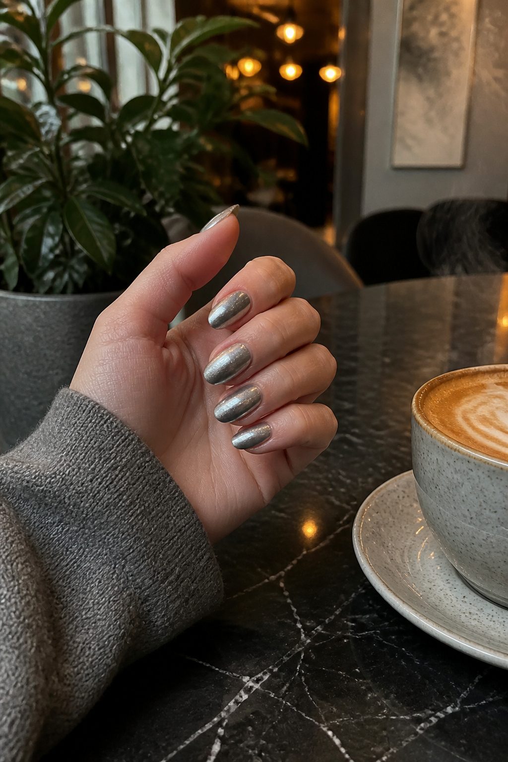 Metallic silver nails with a brushed finish on a marble table.