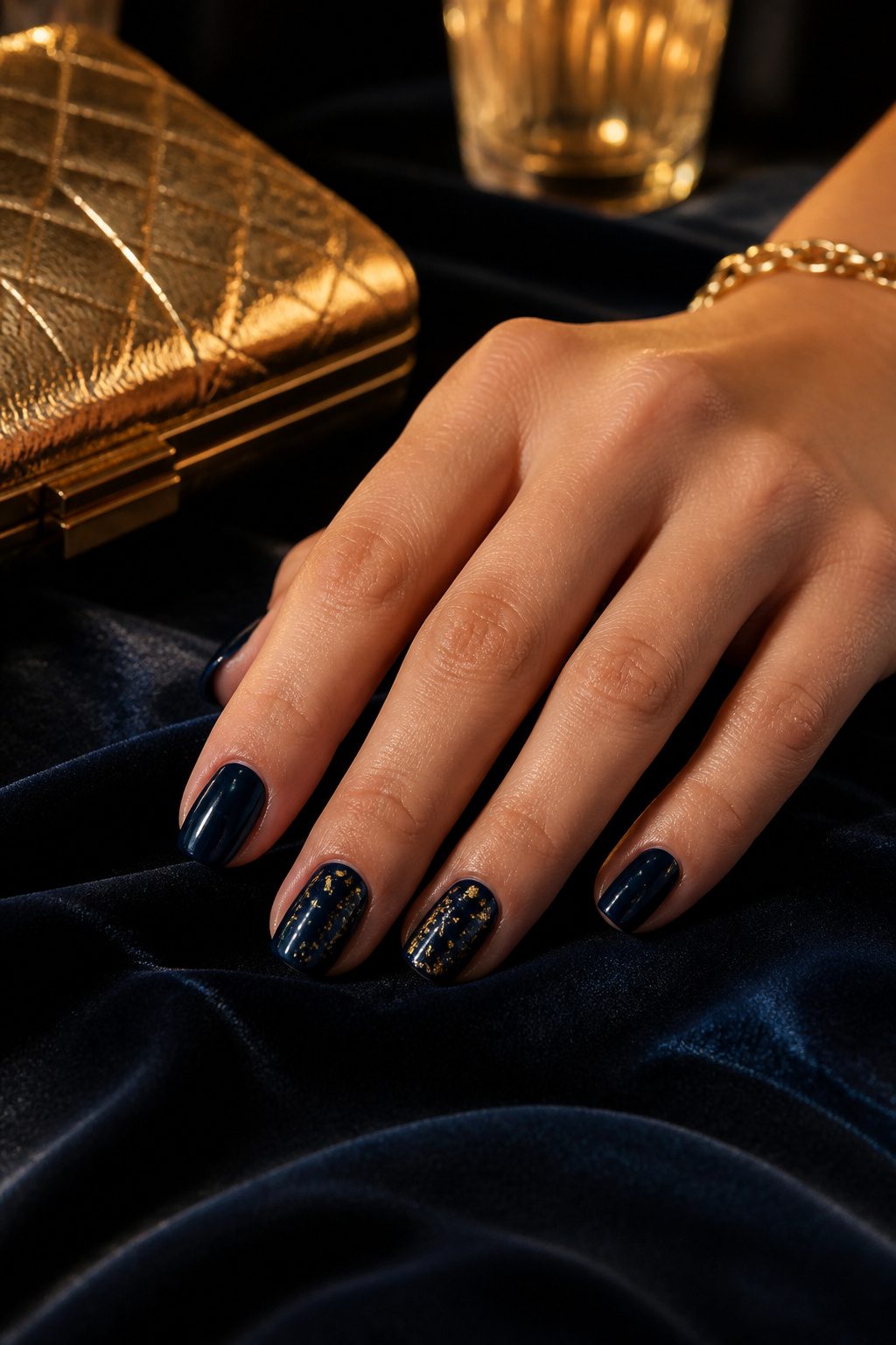 Midnight blue nails showcased in a dim setting.