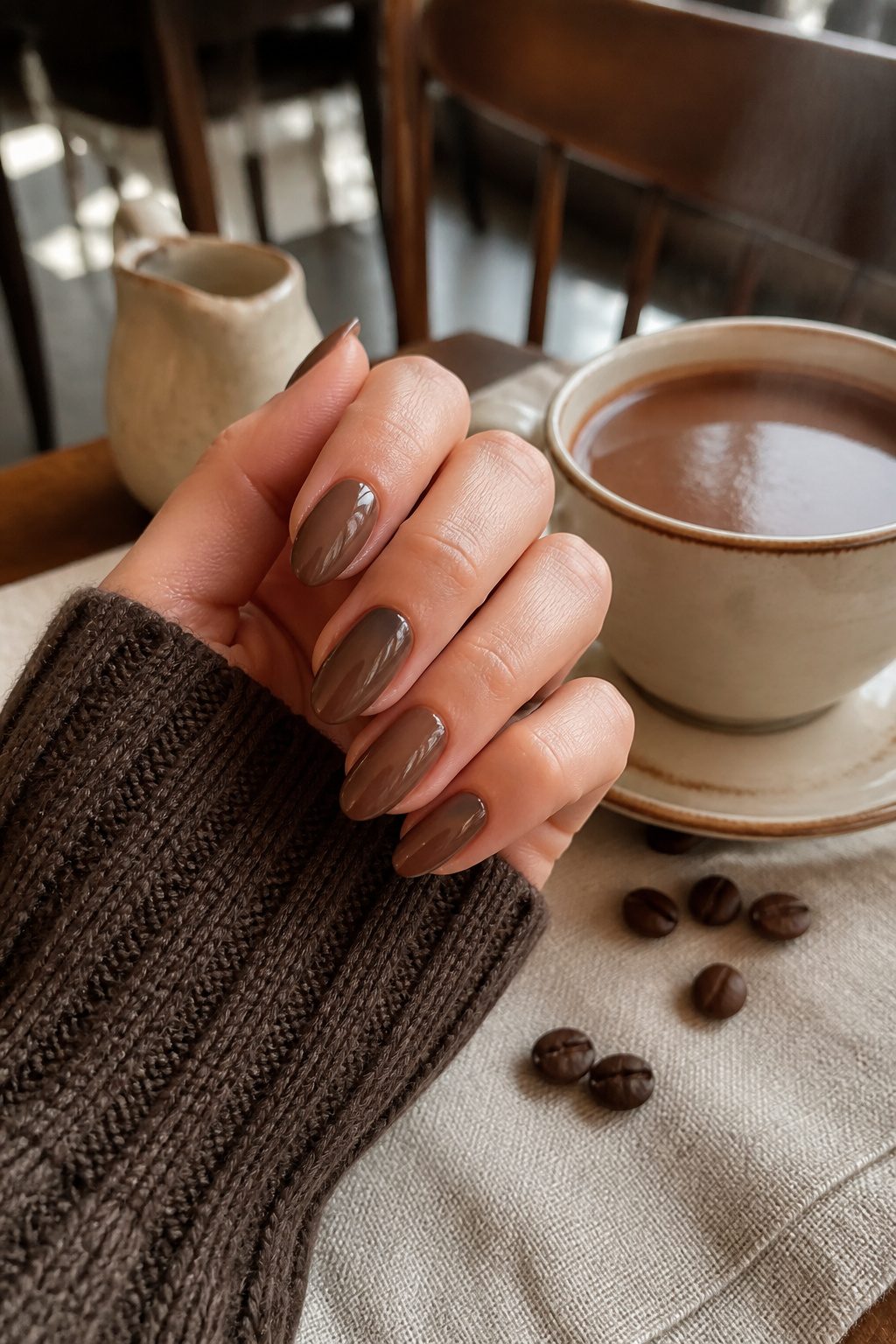 Milk chocolate nails shown in a warm setting.