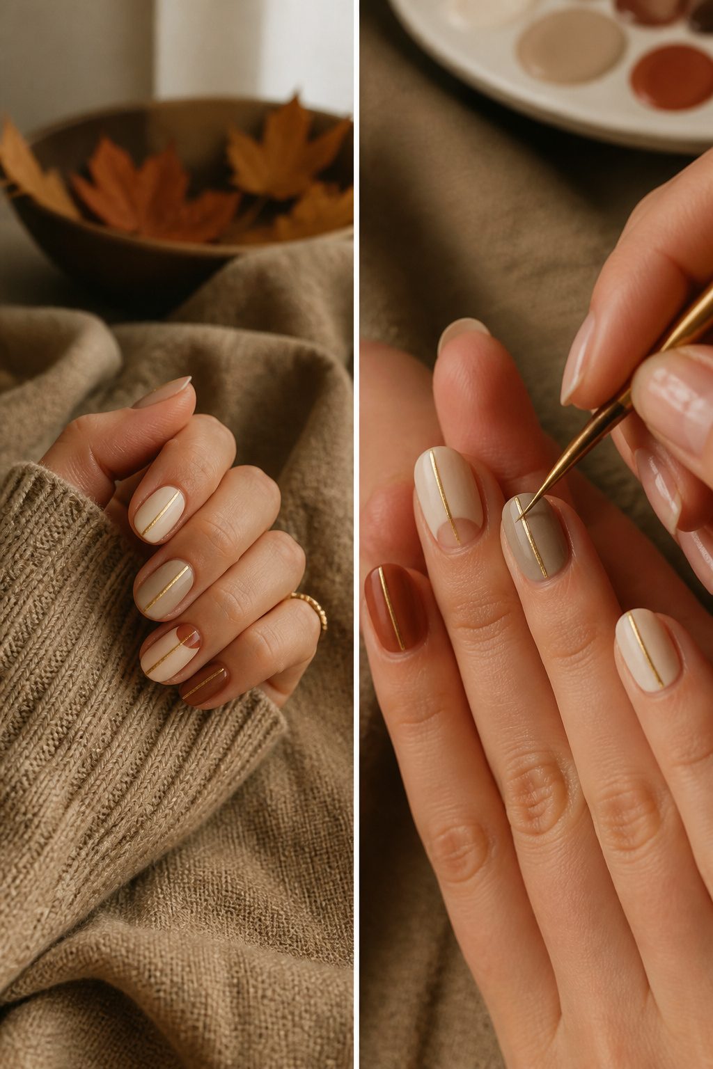 Nails with minimalist designs on a simple background.