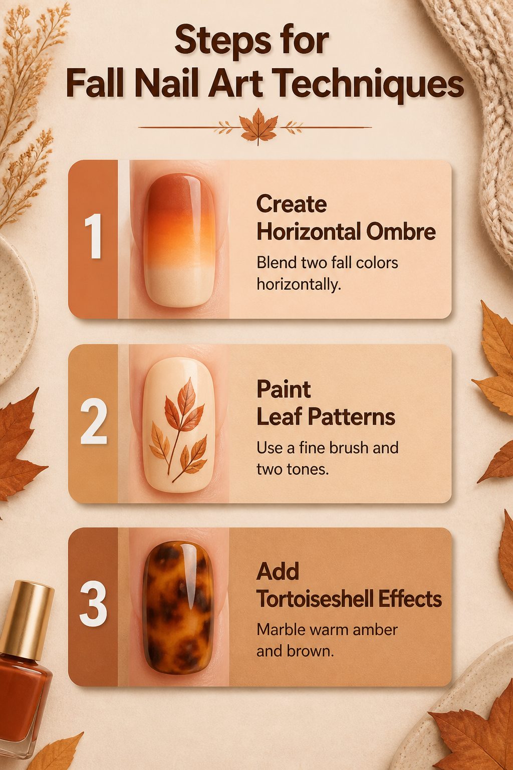 Illustration showing steps for fall nail art techniques.