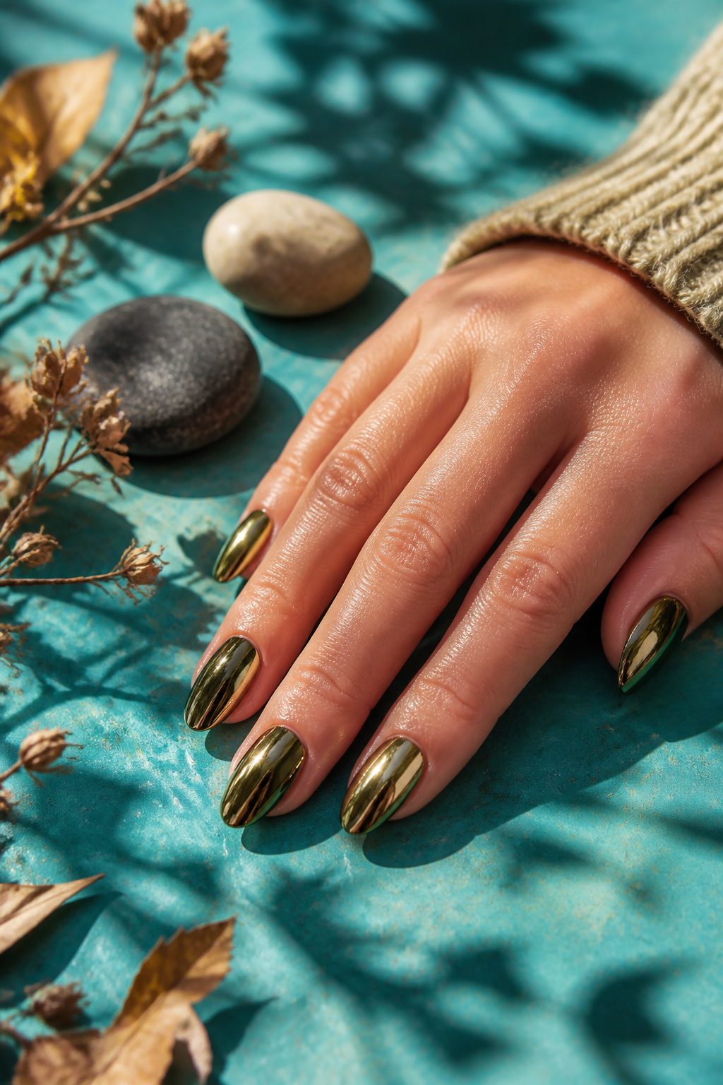 Olive chrome nails showcased against a neutral background.