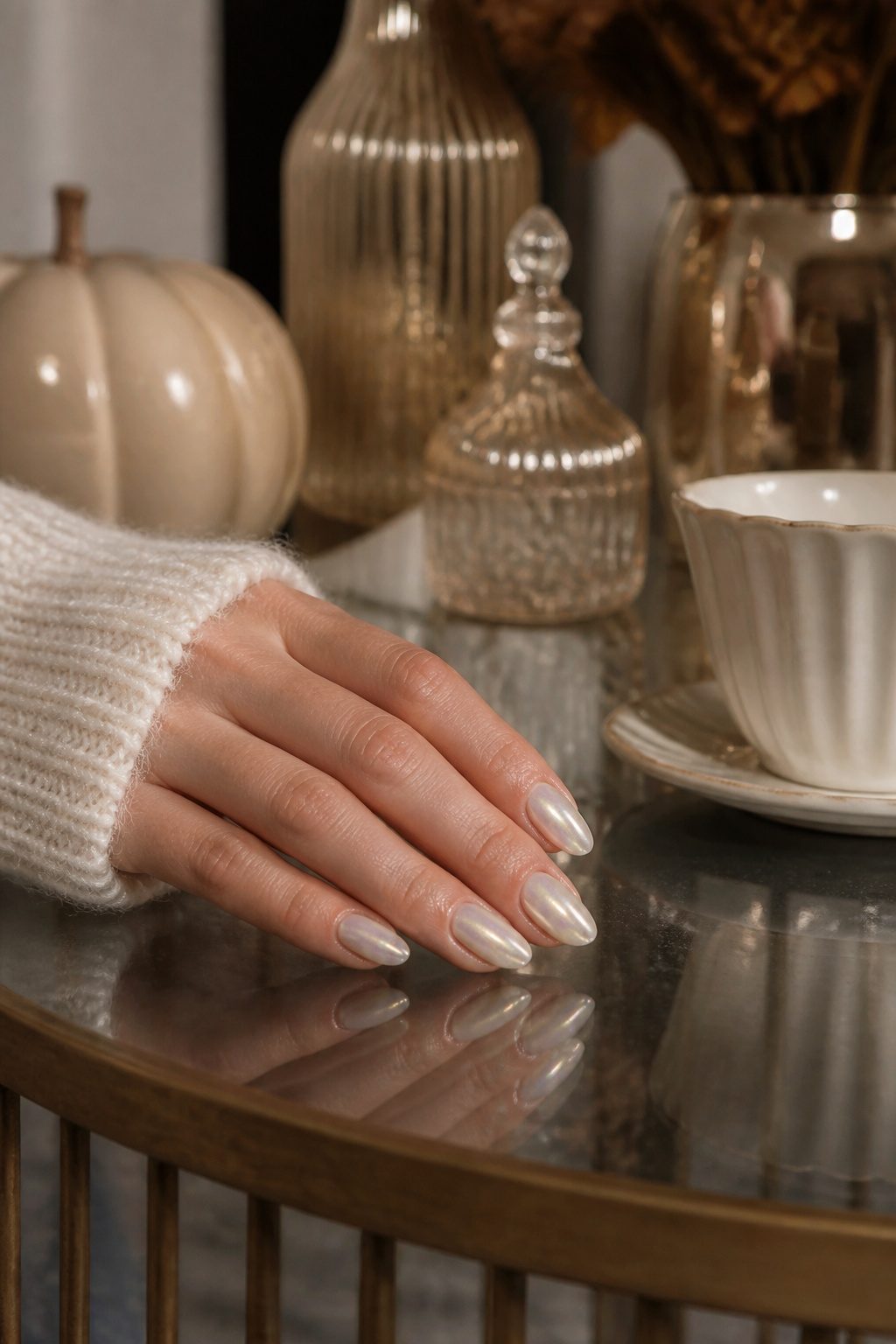 Pearl chrome nails displayed on a shimmering glass surface.