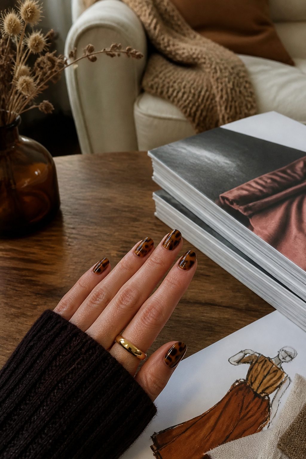 Close-up of tortoiseshell accent nails on a wooden table.